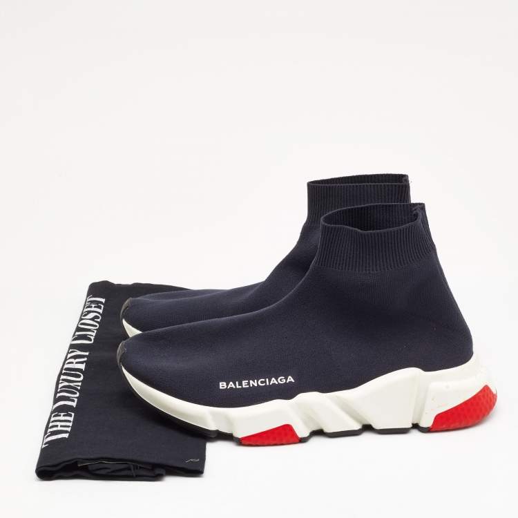 Pre Owned Balenciaga Dark Blue Knit Fabric Speed Trainer Sneakers Size 37