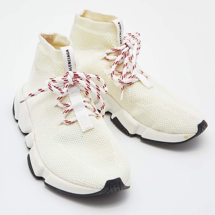 Pre Owned Balenciaga Off White Knit Fabric Speed Lace Up High Top Sneakers Size 38