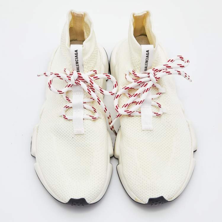 Pre Owned Balenciaga Off White Knit Fabric Speed Lace Up High Top Sneakers Size 38
