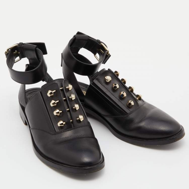 Pre Owned Balenciaga Black Leather Stud Ankle Strap Flat Mules Size 36