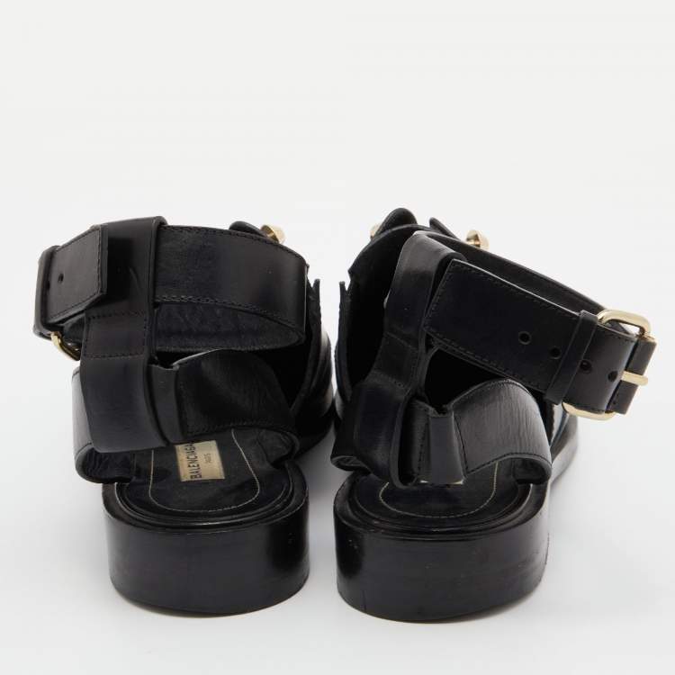 Pre Owned Balenciaga Black Leather Stud Ankle Strap Flat Mules Size 36