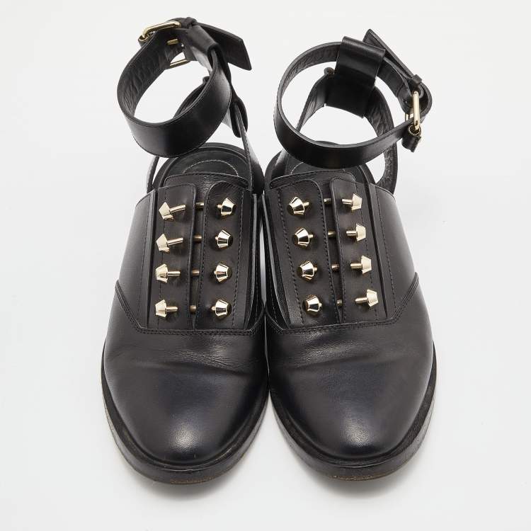 Pre Owned Balenciaga Black Leather Stud Ankle Strap Flat Mules Size 36