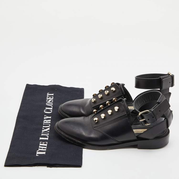 Pre Owned Balenciaga Black Leather Stud Ankle Strap Flat Mules Size 36