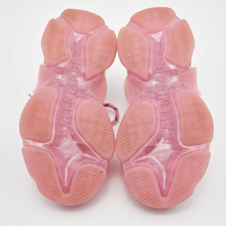 Pre Owned Balenciaga Pink Nubuck and Mesh Triple S  Clear Sneakers Size 36