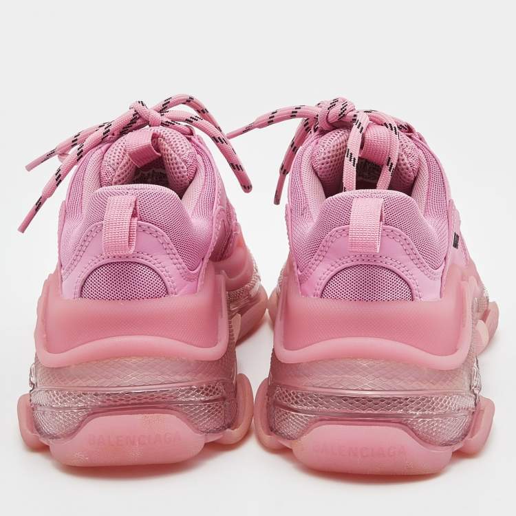 Pre Owned Balenciaga Pink Nubuck and Mesh Triple S  Clear Sneakers Size 36
