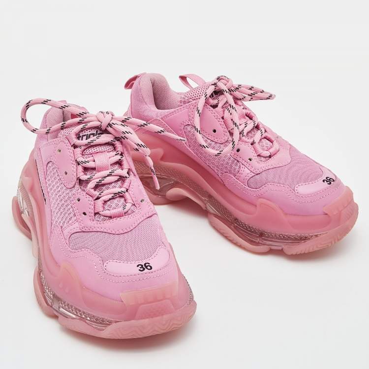 Pre Owned Balenciaga Pink Nubuck and Mesh Triple S  Clear Sneakers Size 36