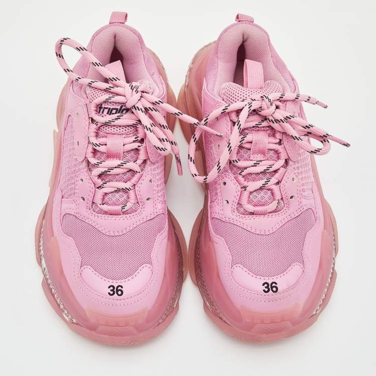 Pre Owned Balenciaga Pink Nubuck and Mesh Triple S  Clear Sneakers Size 36