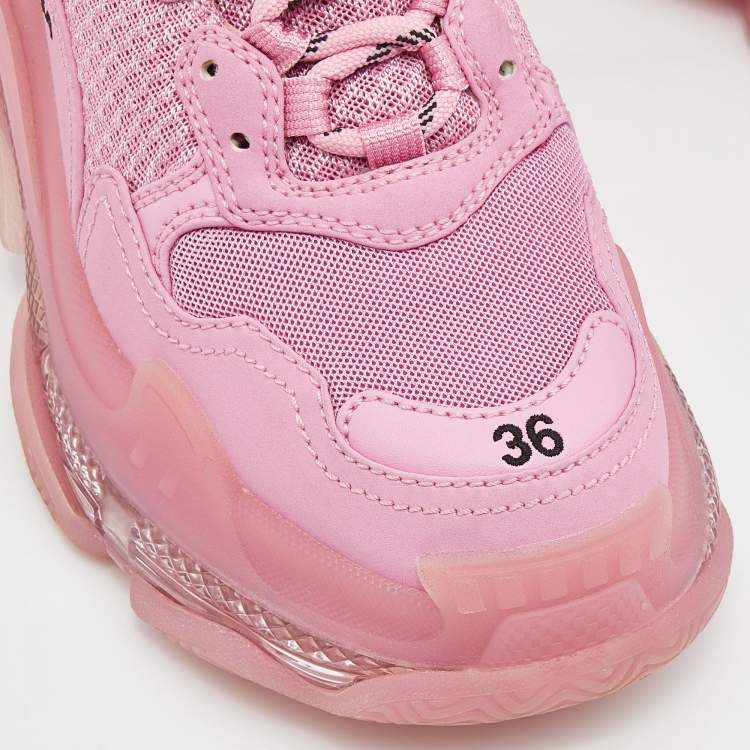 Pre Owned Balenciaga Pink Nubuck and Mesh Triple S  Clear Sneakers Size 36