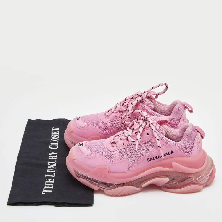 Pre Owned Balenciaga Pink Nubuck and Mesh Triple S  Clear Sneakers Size 36