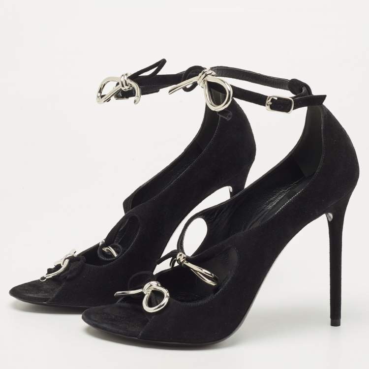 Pre Owned Balenciaga Black Suede Boucle Bow Open Toe Pumps Size 38.5