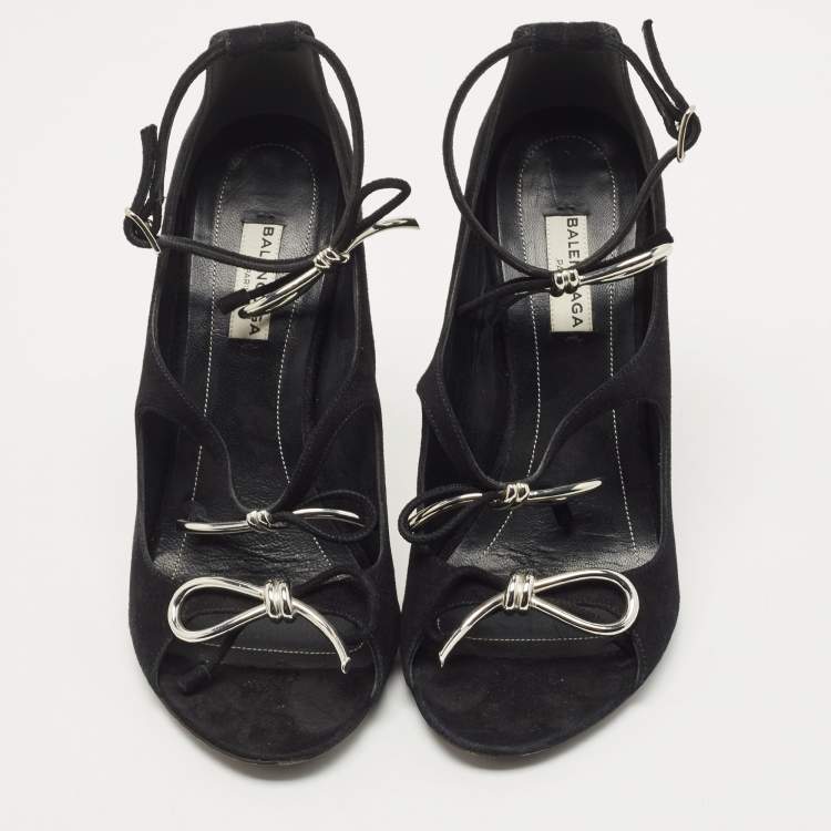 Pre Owned Balenciaga Black Suede Boucle Bow Open Toe Pumps Size 38.5