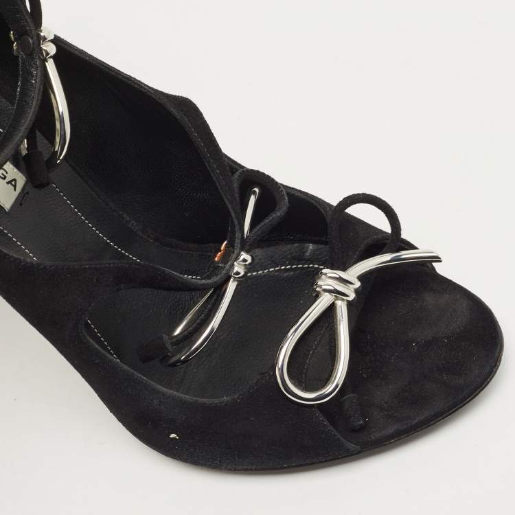 Pre Owned Balenciaga Black Suede Boucle Bow Open Toe Pumps Size 38.5
