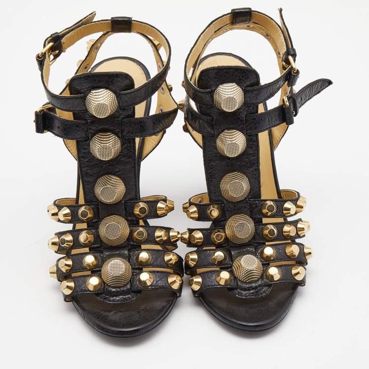 مملوكة مسبقًا Balenciaga Black Leather Arena Wedge Sandals Size 38 