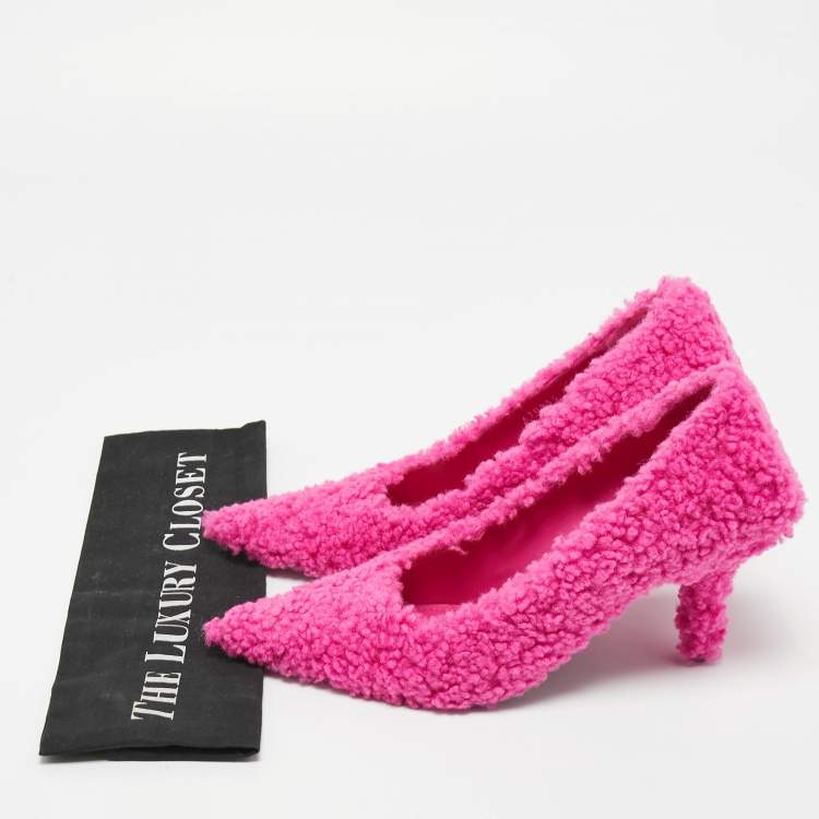 Pre Owned Balenciaga Pink Shealing Fur Knife Pumps Size 38.5