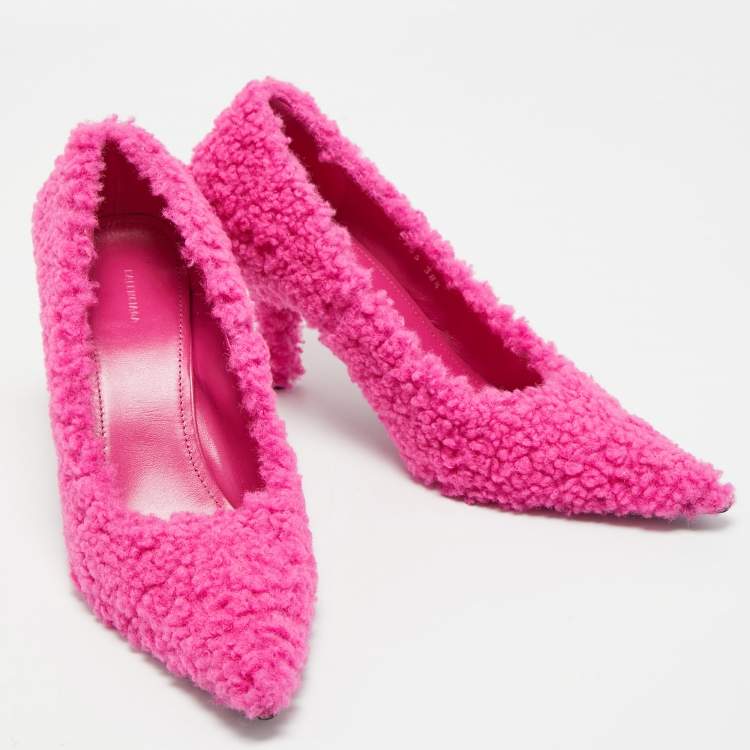 Pre Owned Balenciaga Pink Shealing Fur Knife Pumps Size 38.5