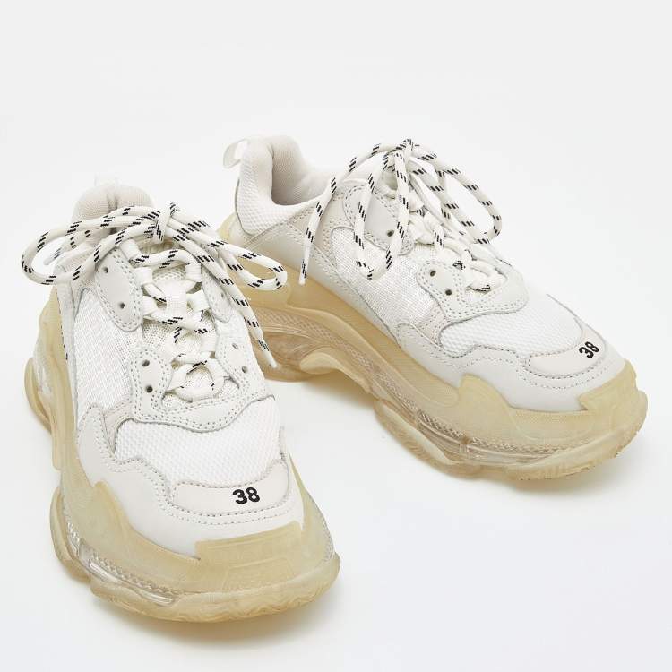 Pre Owned Balenciaga White Leather and Mesh Triple S Clear Sneakers Size 38