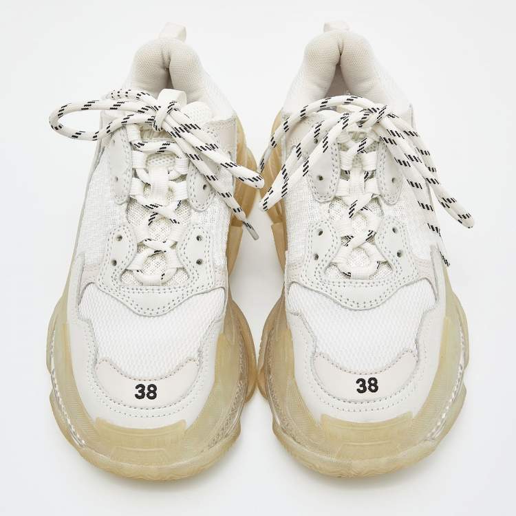 Pre Owned Balenciaga White Leather and Mesh Triple S Clear Sneakers Size 38