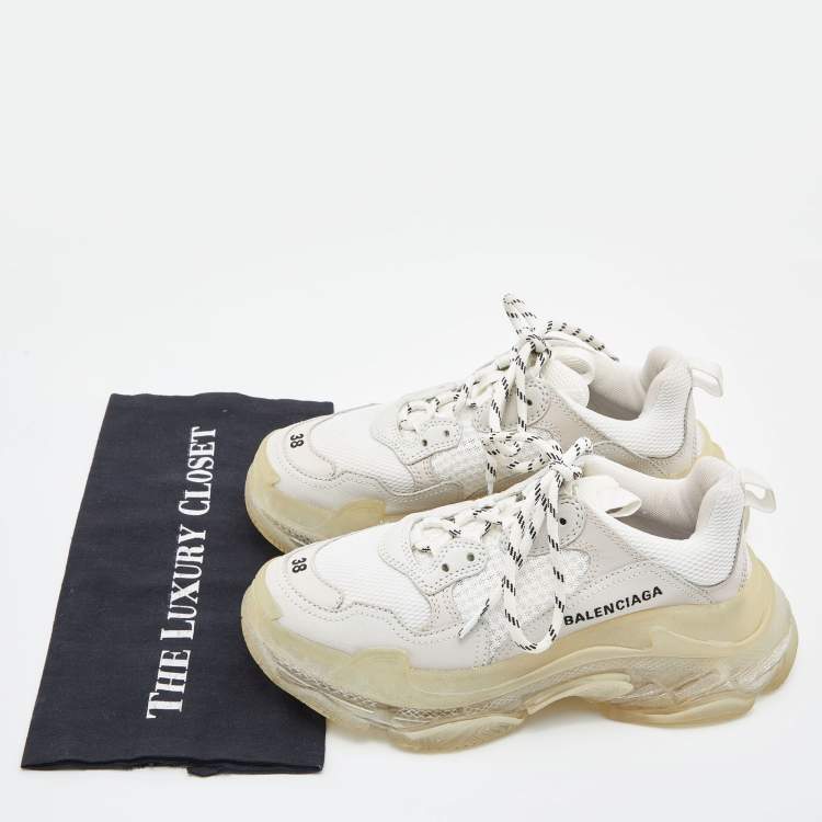 Pre Owned Balenciaga White Leather and Mesh Triple S Clear Sneakers Size 38