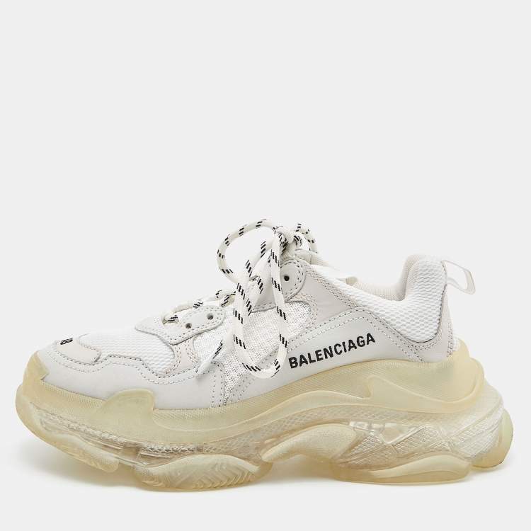 Pre Owned Balenciaga White Leather and Mesh Triple S Clear Sneakers Size 38