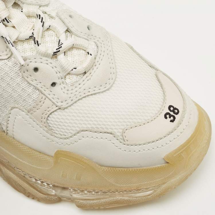 Pre Owned Balenciaga Grey/White Leather and Mesh Triple S Clear Sneakers Size 38