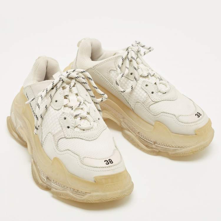 Pre Owned Balenciaga Grey/White Leather and Mesh Triple S Clear Sneakers Size 38
