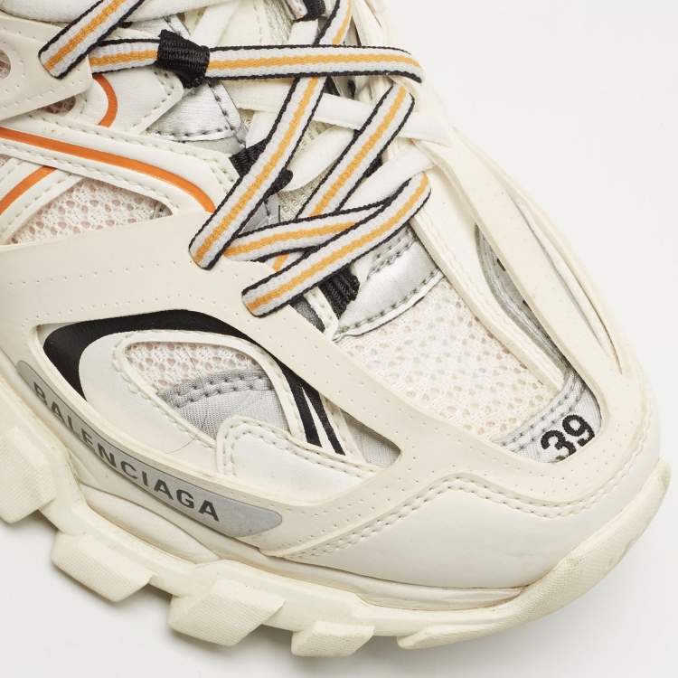 Pre Owned Balenciaga Off White/Orange Leather and Mesh Track Sneakers Size 39