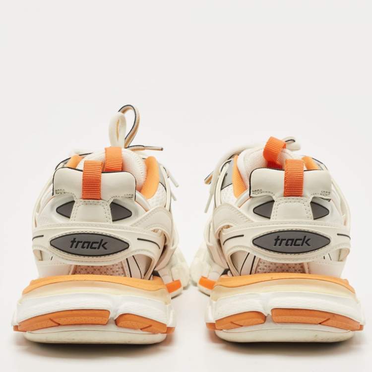 Pre Owned Balenciaga Off White/Orange Leather and Mesh Track Sneakers Size 39