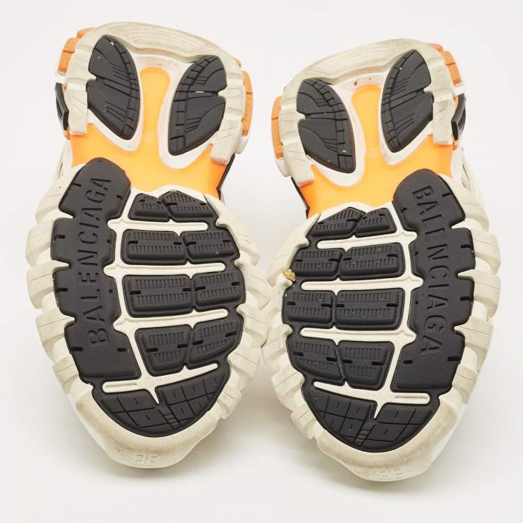 Pre Owned Balenciaga Off White/Orange Leather and Mesh Track Sneakers Size 39