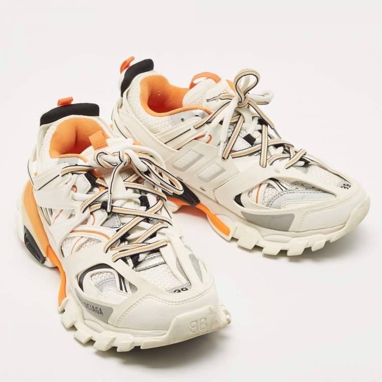 Pre Owned Balenciaga Off White/Orange Leather and Mesh Track Sneakers Size 39