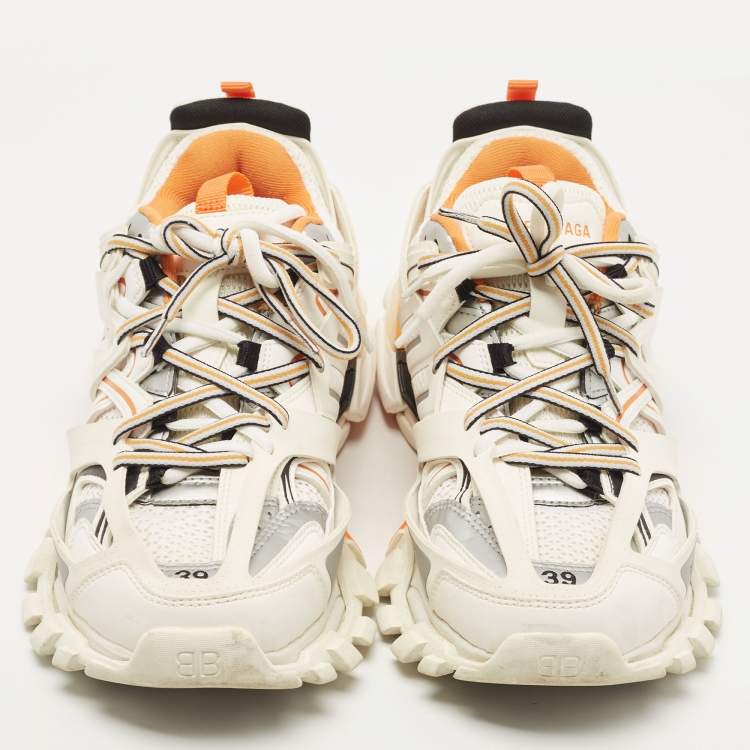 Pre Owned Balenciaga Off White/Orange Leather and Mesh Track Sneakers Size 39