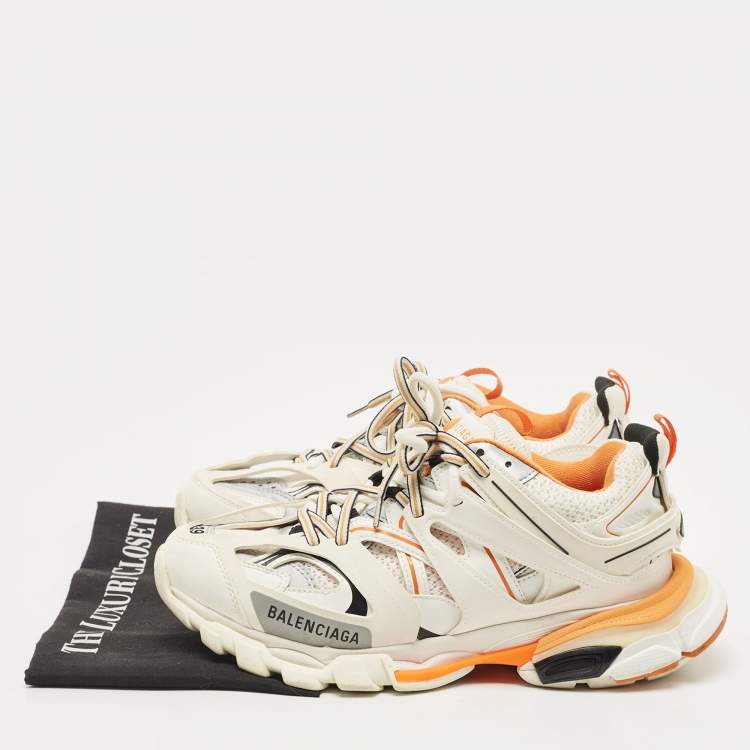Pre Owned Balenciaga Off White/Orange Leather and Mesh Track Sneakers Size 39