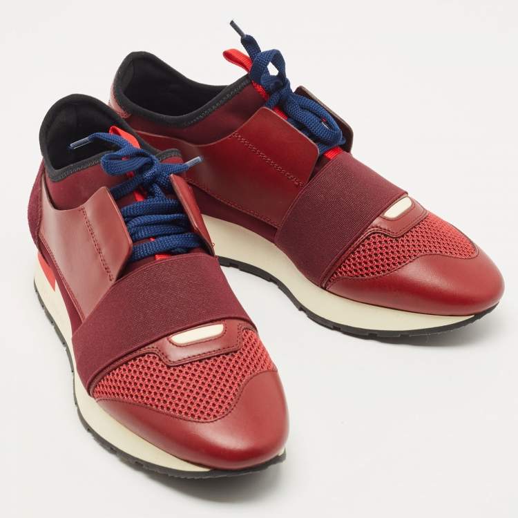 Pre Owned Balenciaga Burgundy Leather and Mesh Race Runner Sneakers Size 38