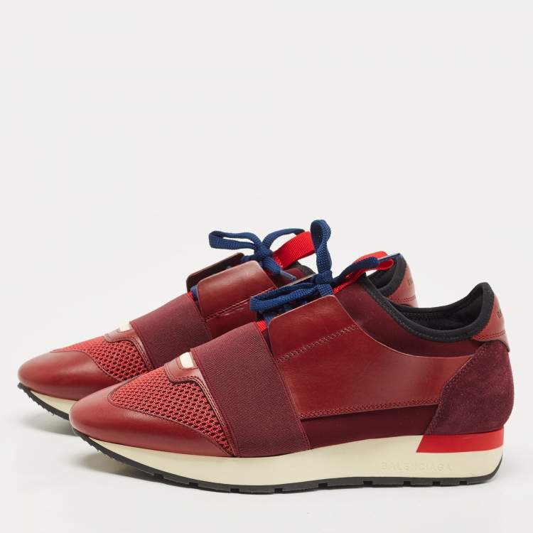 Pre Owned Balenciaga Burgundy Leather and Mesh Race Runner Sneakers Size 38