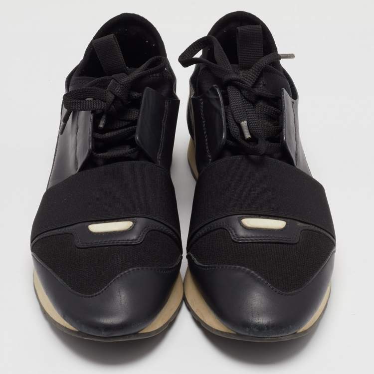 Pre Owned Balenciaga Black/Pink Leather and Fabric Race Runner Sneakers Size 38