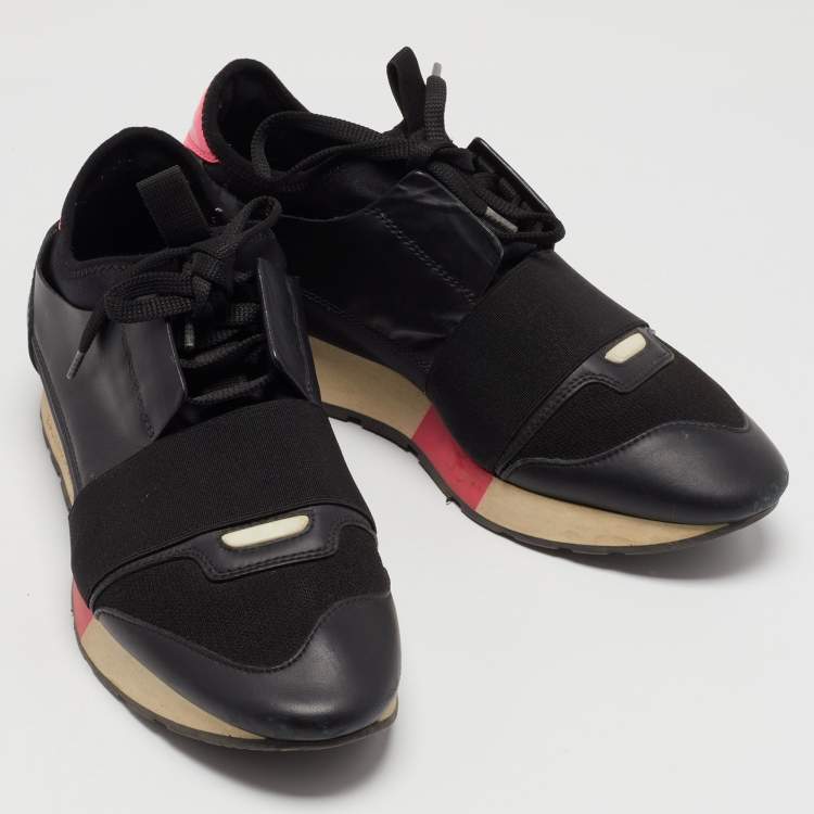 Pre Owned Balenciaga Black/Pink Leather and Fabric Race Runner Sneakers Size 38