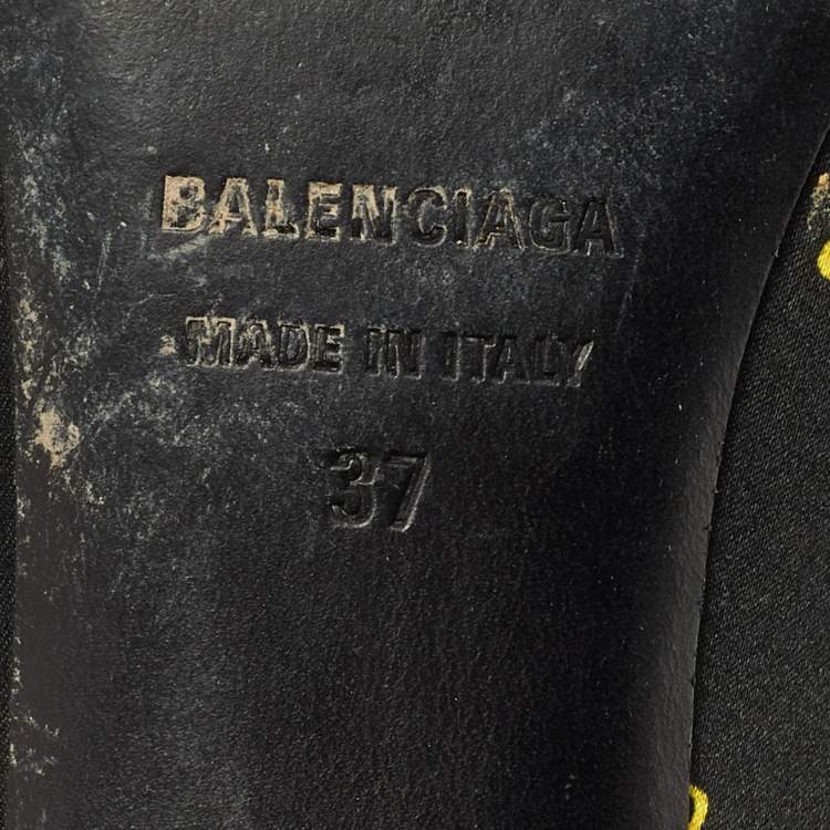 Pre Owned Balenciaga Black/Yellow BB Print Satin Bow Knife Mules Size 37