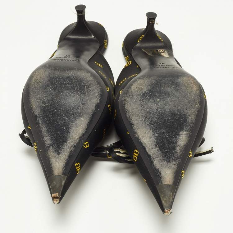 Pre Owned Balenciaga Black/Yellow BB Print Satin Bow Knife Mules Size 37