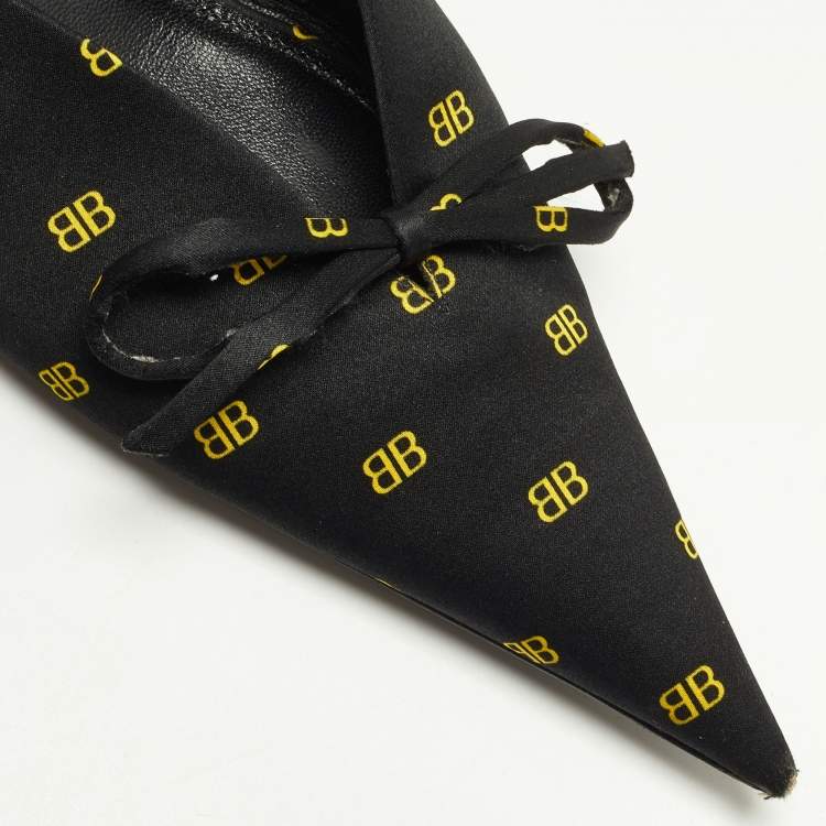 Pre Owned Balenciaga Black/Yellow BB Print Satin Bow Knife Mules Size 37