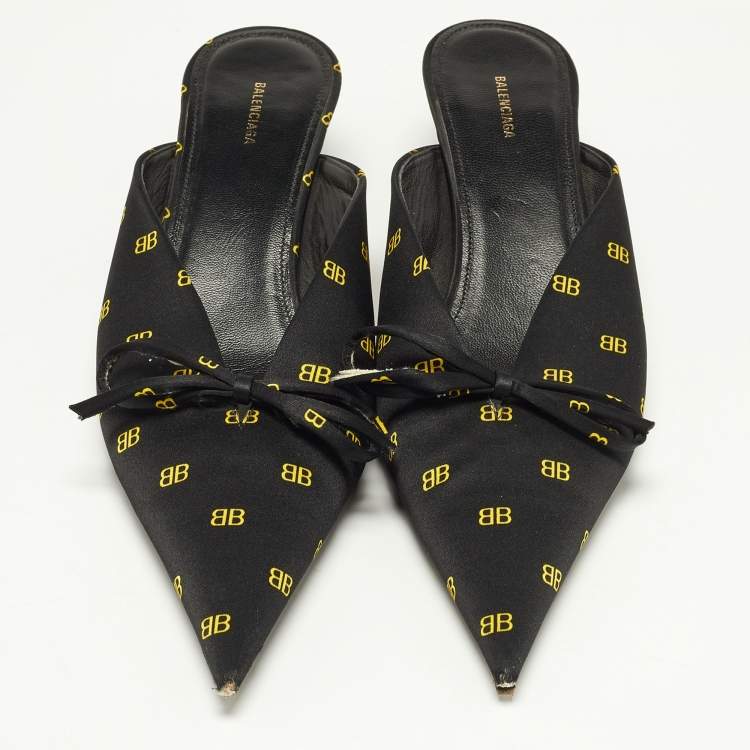 Pre Owned Balenciaga Black/Yellow BB Print Satin Bow Knife Mules Size 37