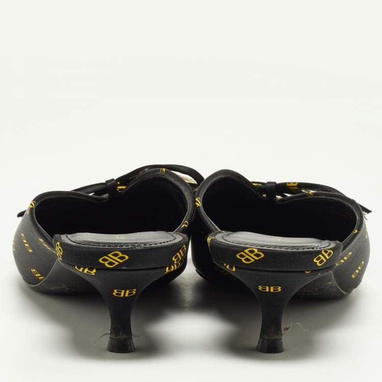 Pre Owned Balenciaga Black/Yellow BB Print Satin Bow Knife Mules Size 37