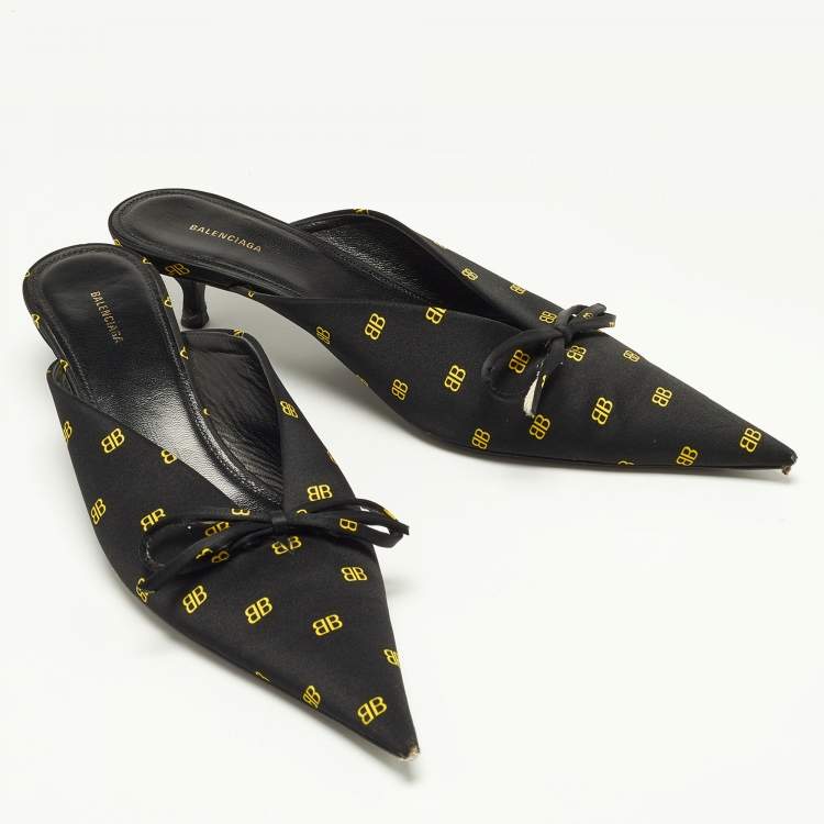 Pre Owned Balenciaga Black/Yellow BB Print Satin Bow Knife Mules Size 37