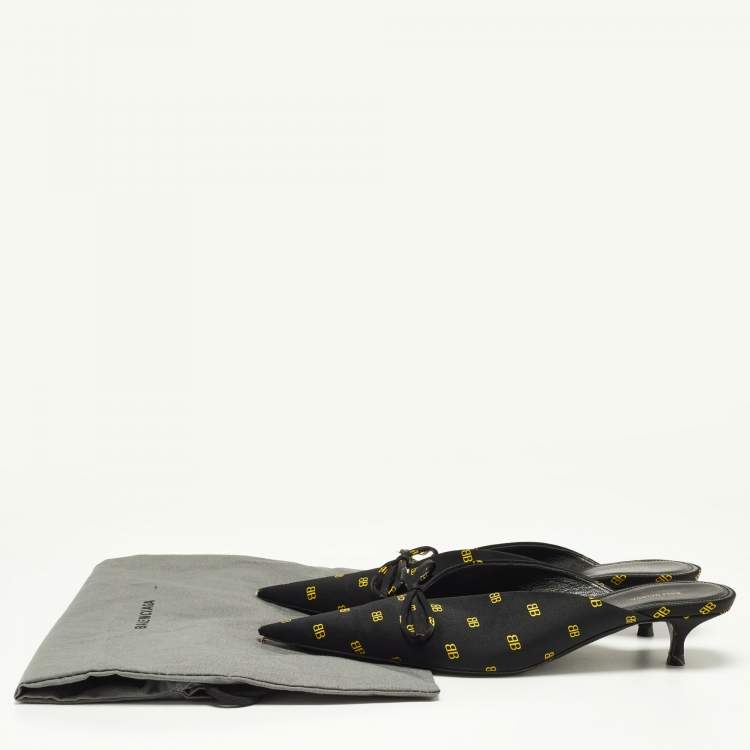 Pre Owned Balenciaga Black/Yellow BB Print Satin Bow Knife Mules Size 37