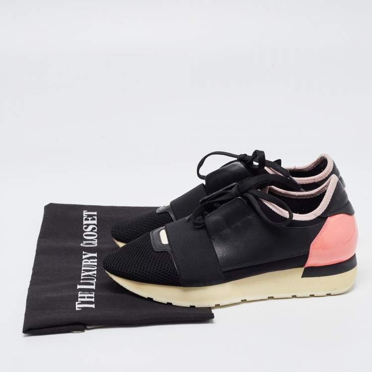 Pre Owned Balenciaga Black/Pink Leather and Mesh Race Runner Sneakers Size 37