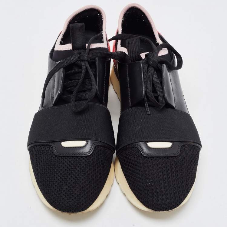 Pre Owned Balenciaga Black/Pink Leather and Mesh Race Runner Sneakers Size 37