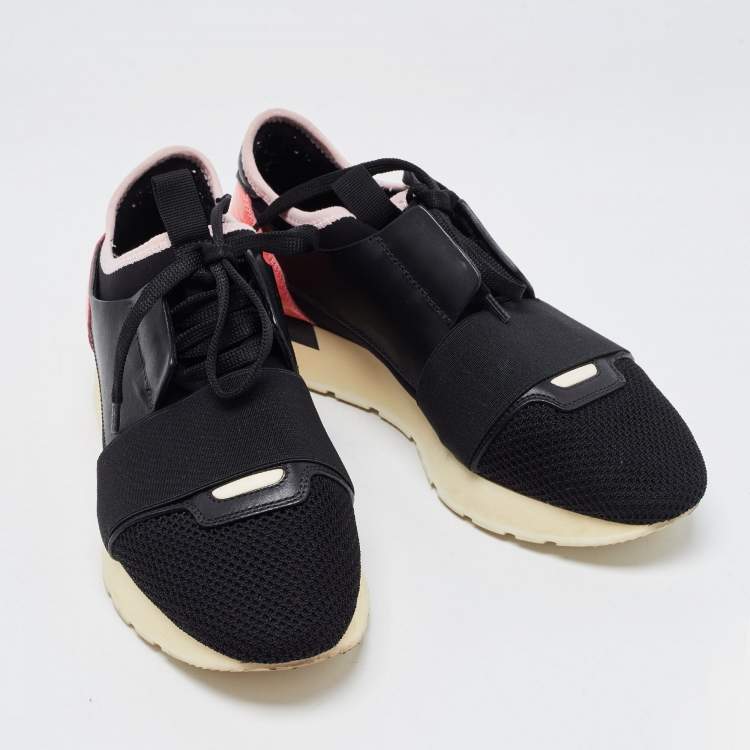 Pre Owned Balenciaga Black/Pink Leather and Mesh Race Runner Sneakers Size 37