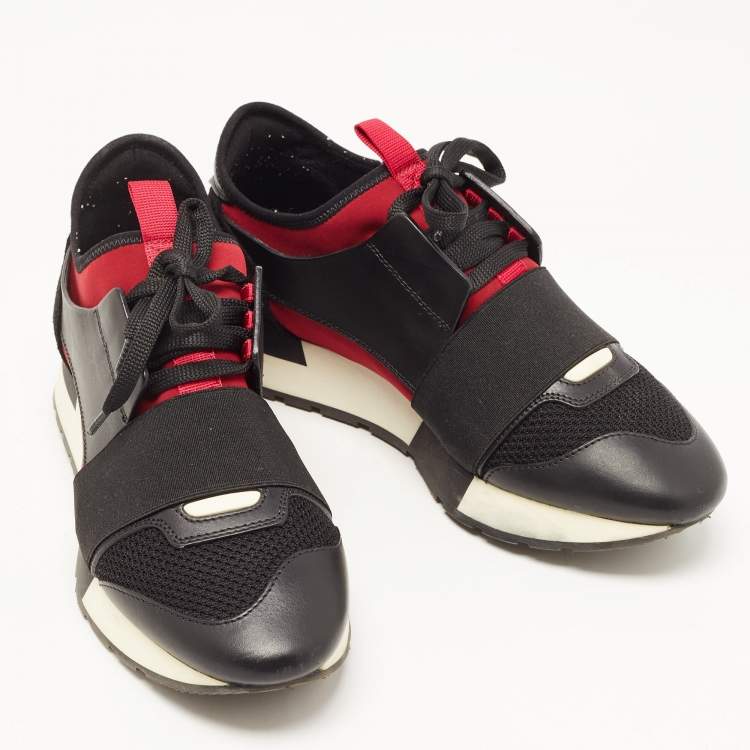 Pre Owned Balenciaga Black/Burgundy Leather and Mesh Race Runner Sneakers Size 37
