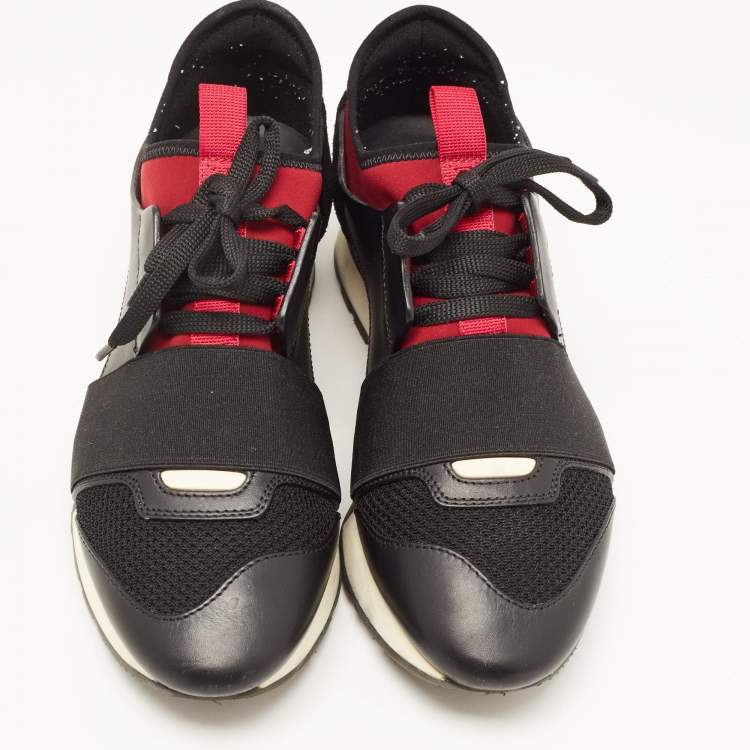 Pre Owned Balenciaga Black/Burgundy Leather and Mesh Race Runner Sneakers Size 37