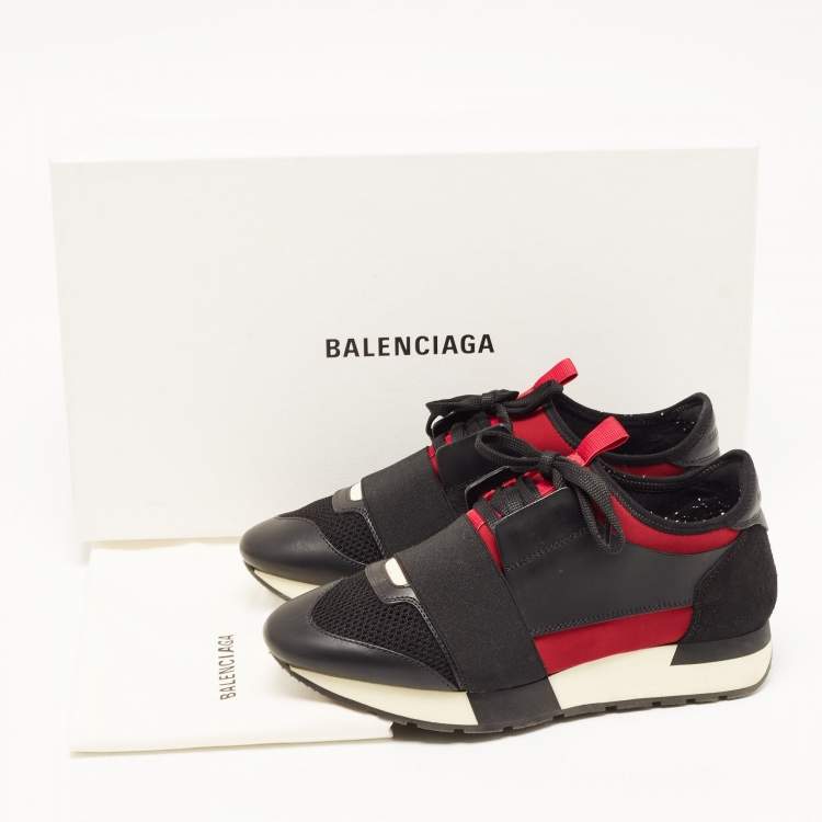 Pre Owned Balenciaga Black/Burgundy Leather and Mesh Race Runner Sneakers Size 37