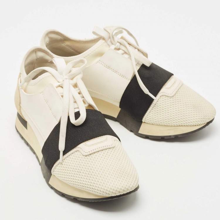 Pre Owned Balenciaga Two Tone Mesh and Leather Race Runner Sneakers Size 38