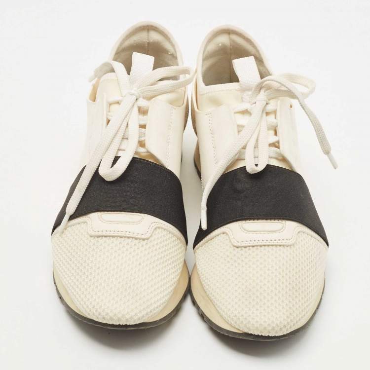 Pre Owned Balenciaga Two Tone Mesh and Leather Race Runner Sneakers Size 38